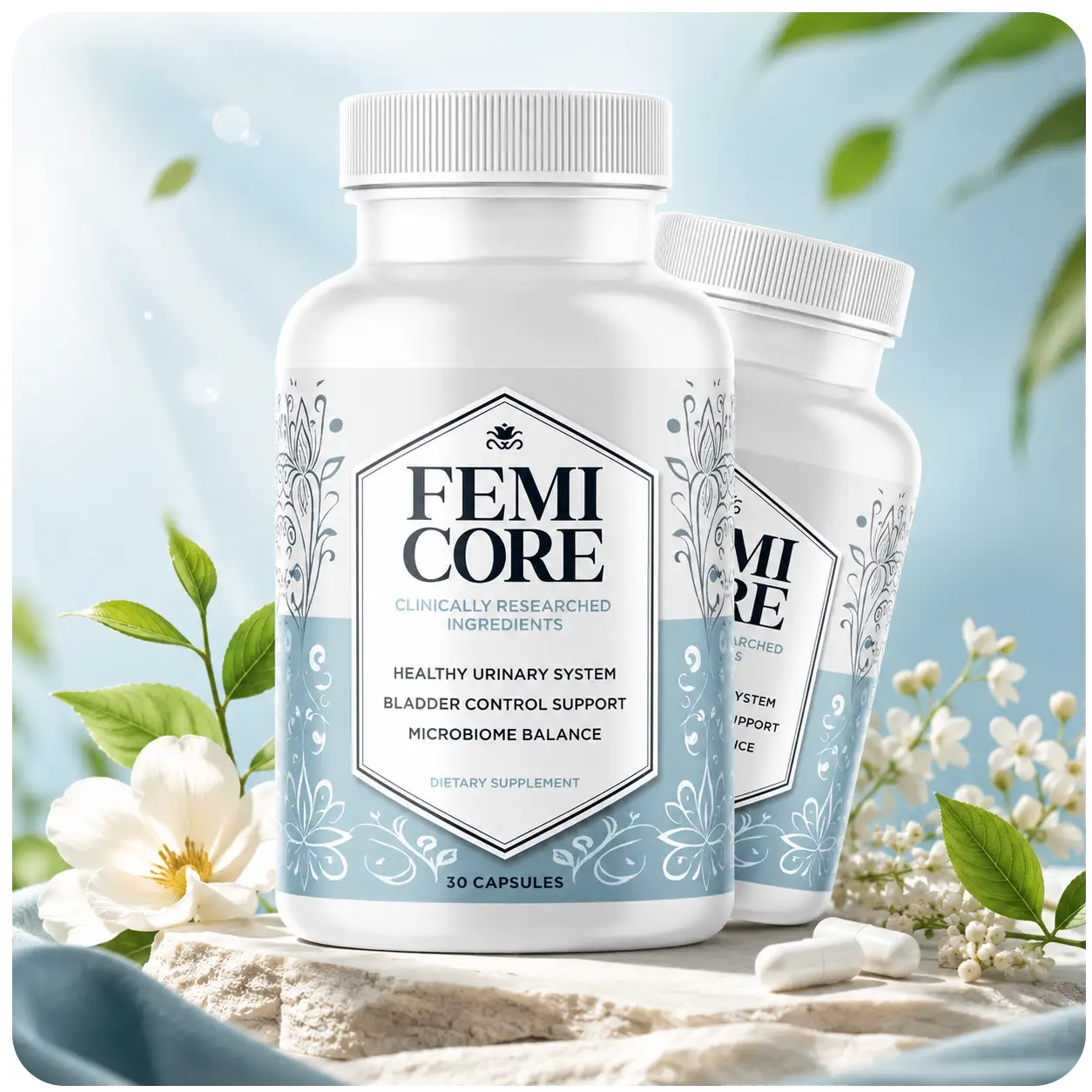 FemiCore bladder health support supplement bottles displayed with natural botanical elements for women's urinary wellness and microbiome balance