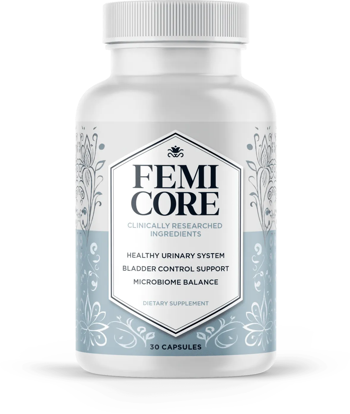 FemiCore dietary supplement bottle for urinary system health, bladder control support, and microbiome balance