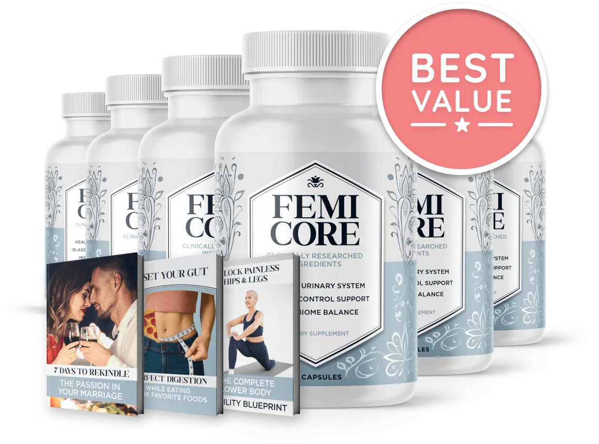 FemiCore six bottle best value package featuring a 180 day supply