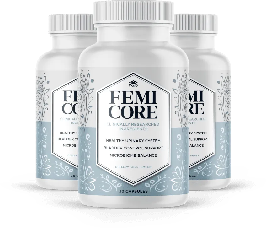 Three bottles of FemiCore women's wellness supplement designed to support bladder health and urinary wellness