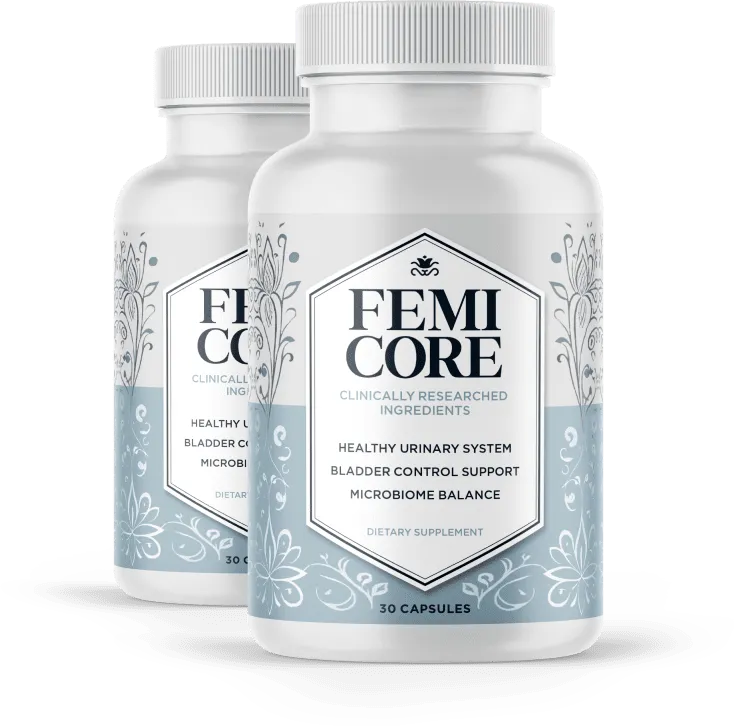 Two bottles of FemiCore women's bladder health supplement formulated to support urinary wellness and microbiome balance