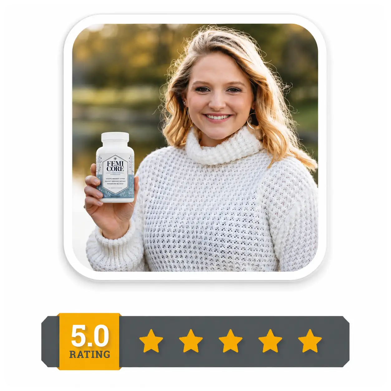 Satisfied FemiCore customer Jennifer L. from Florida holding a FemiCore supplement bottle