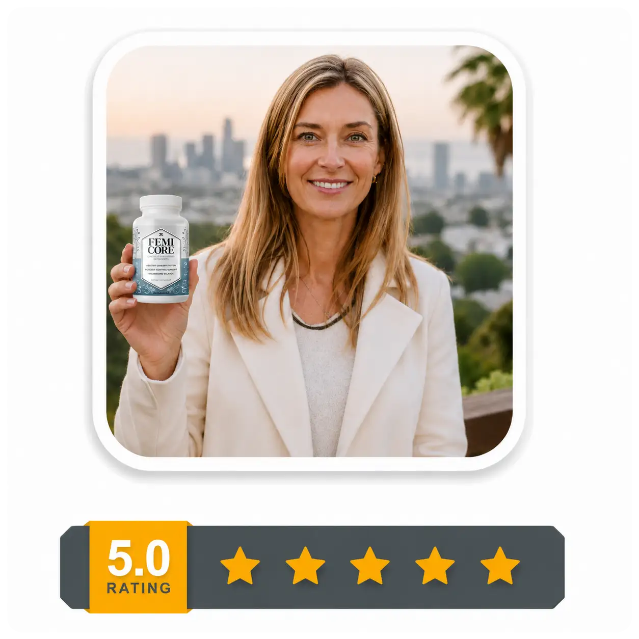 Satisfied FemiCore customer Rebecca T. from California holding a FemiCore supplement bottle