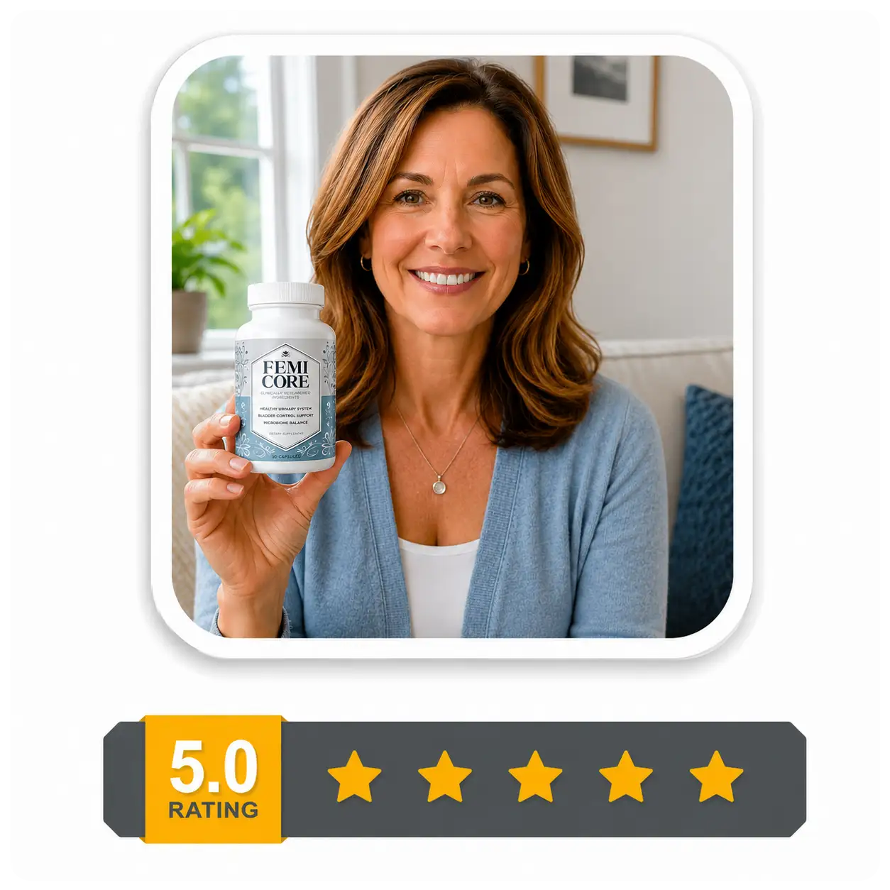 Satisfied FemiCore customer Sarah M. from Texas holding a FemiCore supplement bottle