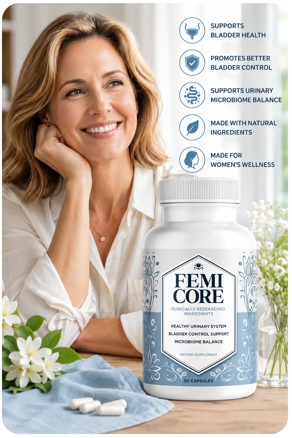 Smiling woman with FemiCore supplement highlighting bladder health support, urinary wellness, microbiome balance, and women's wellness benefits